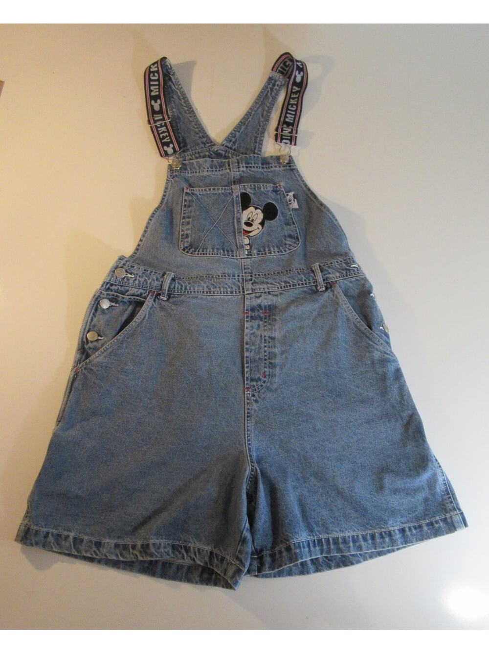 Mickey Mouse Denim Adjustable Bib Overall Shorts Women's XL Blue Carpenter Style